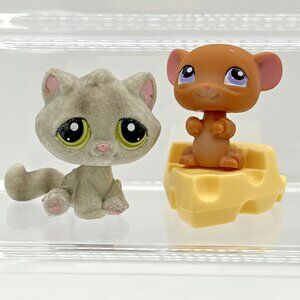 Littlest Pet Shop 2006 Flocked Cat #323 Kitten #324 Mouse‎ Hasbro LPS